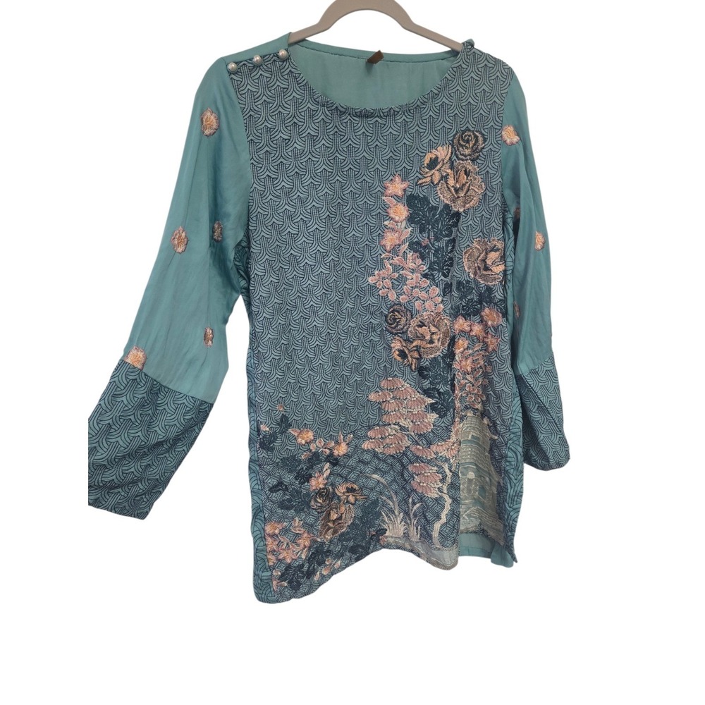 Beechtree Teal Blue Embroidered Floral Pagoda Tunic Top Pearl Button Size 14